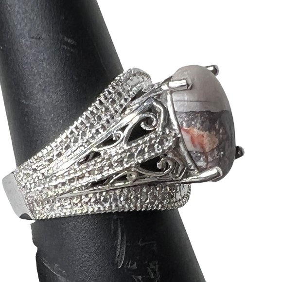 Vintage Karis STS Sterling Silver Jasper Filigree Statement Ring Size 8 Boho - Picture 6 of 7